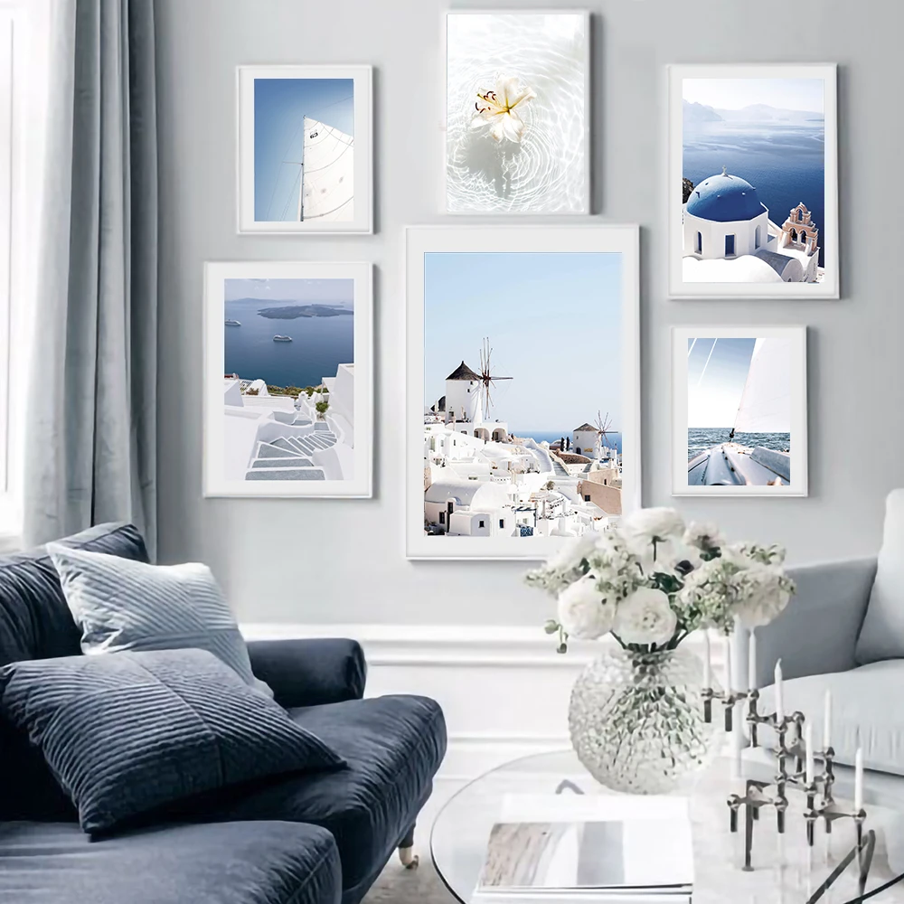 

Blue White Cathedral Seaside Building Canvas Painting Flower Wall Art Nordic Posters And Prints Pictures For Living Room Decor