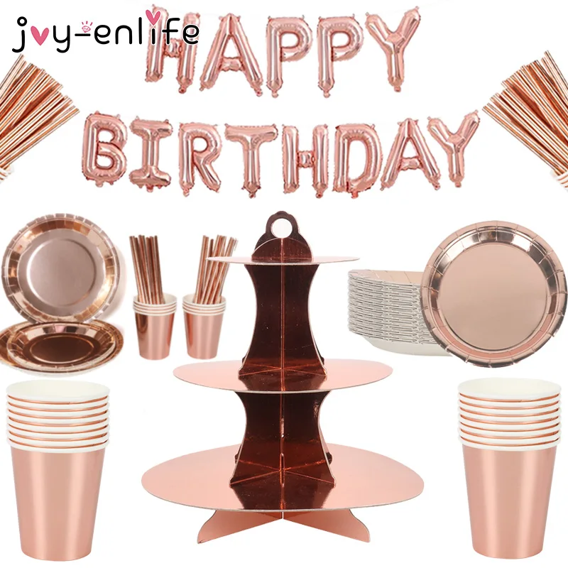 Rose Gold Birthday party Solid color Bronzing Plate Disposable Tableware Paper Tablecloth Wedding Party Decoration Supplies | Дом и сад