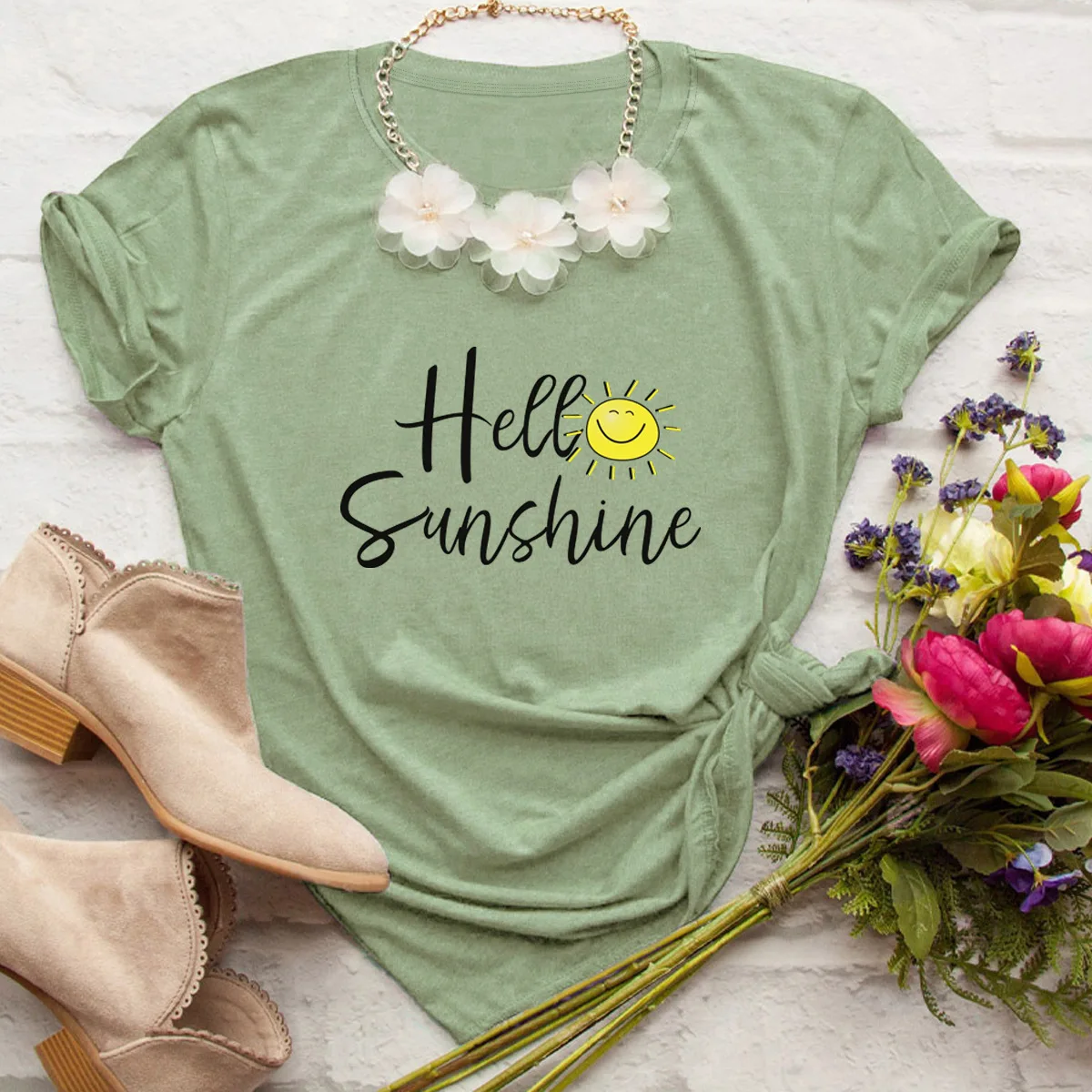 

JFUNCY Hello Sunshine Letter Print Summer Cotton T Shirt Women Short Sleeve T-shirt Female Tees Plus Size Casual Lady Basic Tops