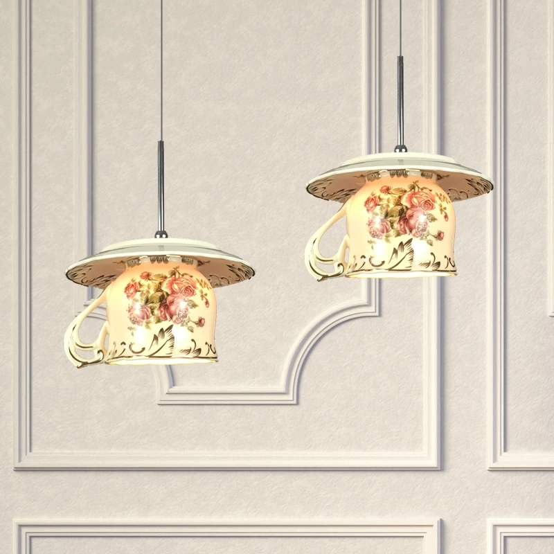 

LED Decorative Porcelain Chandelier Rose Flower European Coffee Cup Chandelier Dessert Shop Coffee Shop Bar Counter Cord Pendant