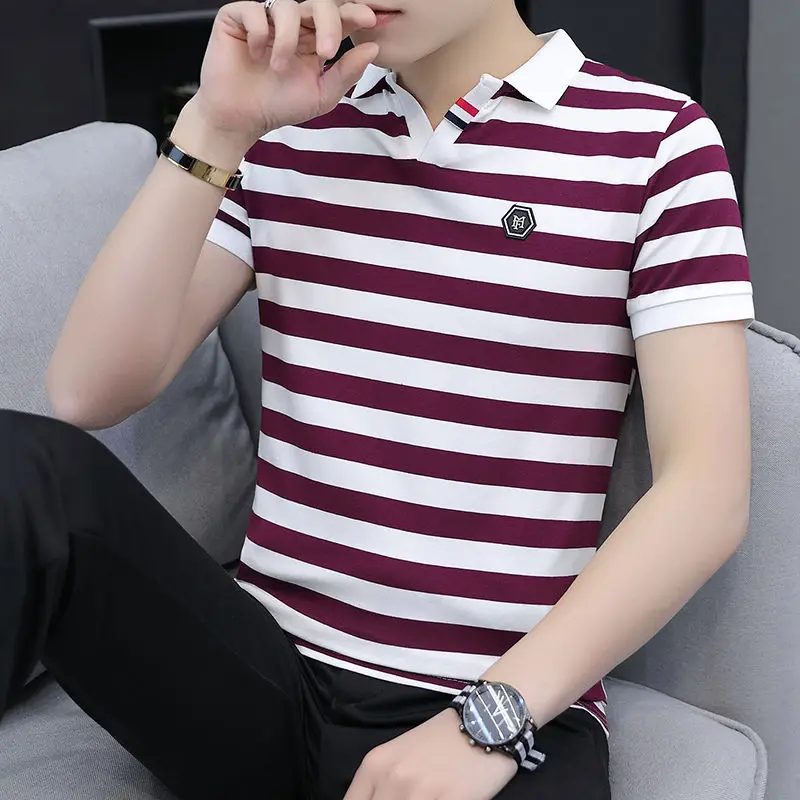

2021 summer new men's short sleeve T-shirt, Korean stripe T-shirt, Polo top fashion, half sleeve T-shirt