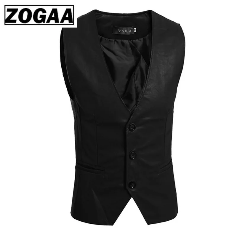 ZOGAA Men's Slim Vest Sleeveless Jacket Casual PU Leather Vests Button Open V-neck Geek Simple Joker Fit Men | Мужская одежда