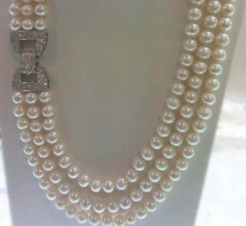 

Charming High Quality 3rows Natural 9-10mm White Freshwater Pearl Necklace
