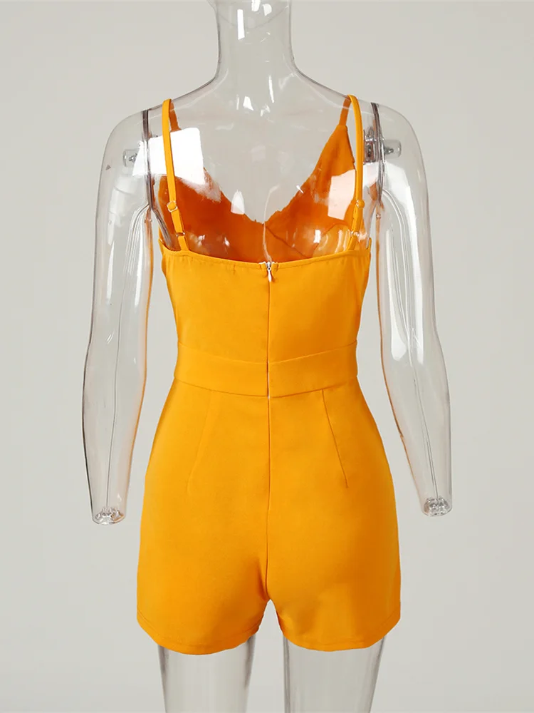 

2020 Summer Women Elegant OL Style Casual Playsuit Female Leisure Short Jumpsuit Solid Spaghetti Strap Buttoned Romper