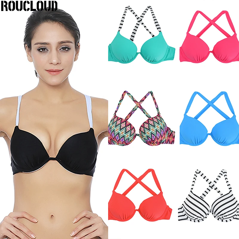 Для женщин бикини сексуальный пуш ап бра для плавания с лямкой на шее одноцветное