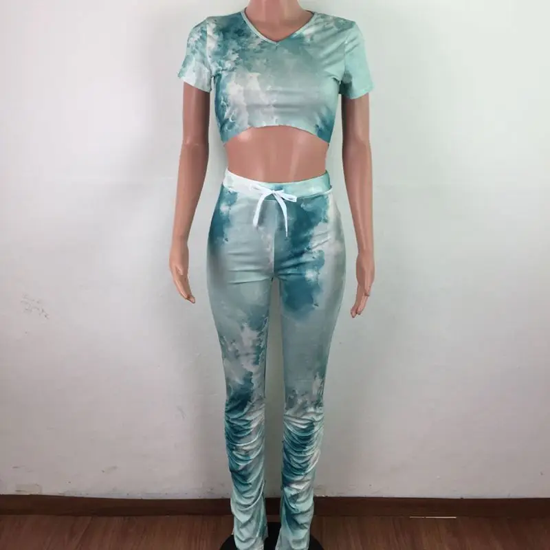 

ZKYZWX Sexy Tie Dye Women Set Two Piece Set Tracksuit Short Sleeve Tops Fashion Stacked Jogger Fitness Streetwear Suit Outfit
