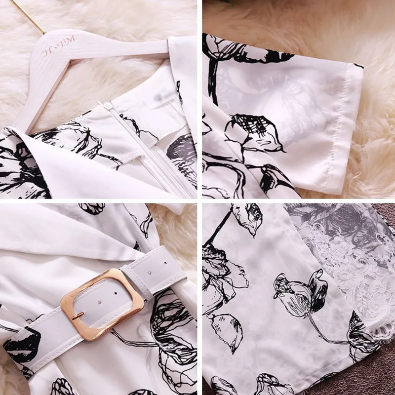 

Retro printing Medium-length dress Summer 2020 New temperament V-neck short sleeve waist stitching lace dress female