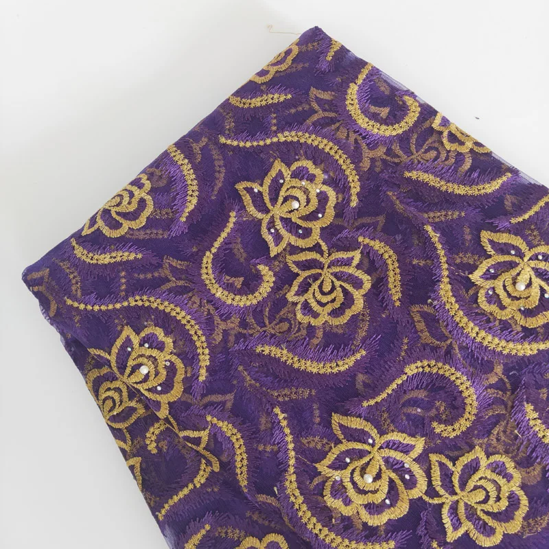 Фиолетовая Цветочная вышитая африканская сетчатая кружевная ткань для