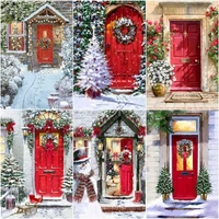 gatyztory pictures by numbers red door landscape handpainted kits drawing canvas diy oil painting christmas tree scenery home de