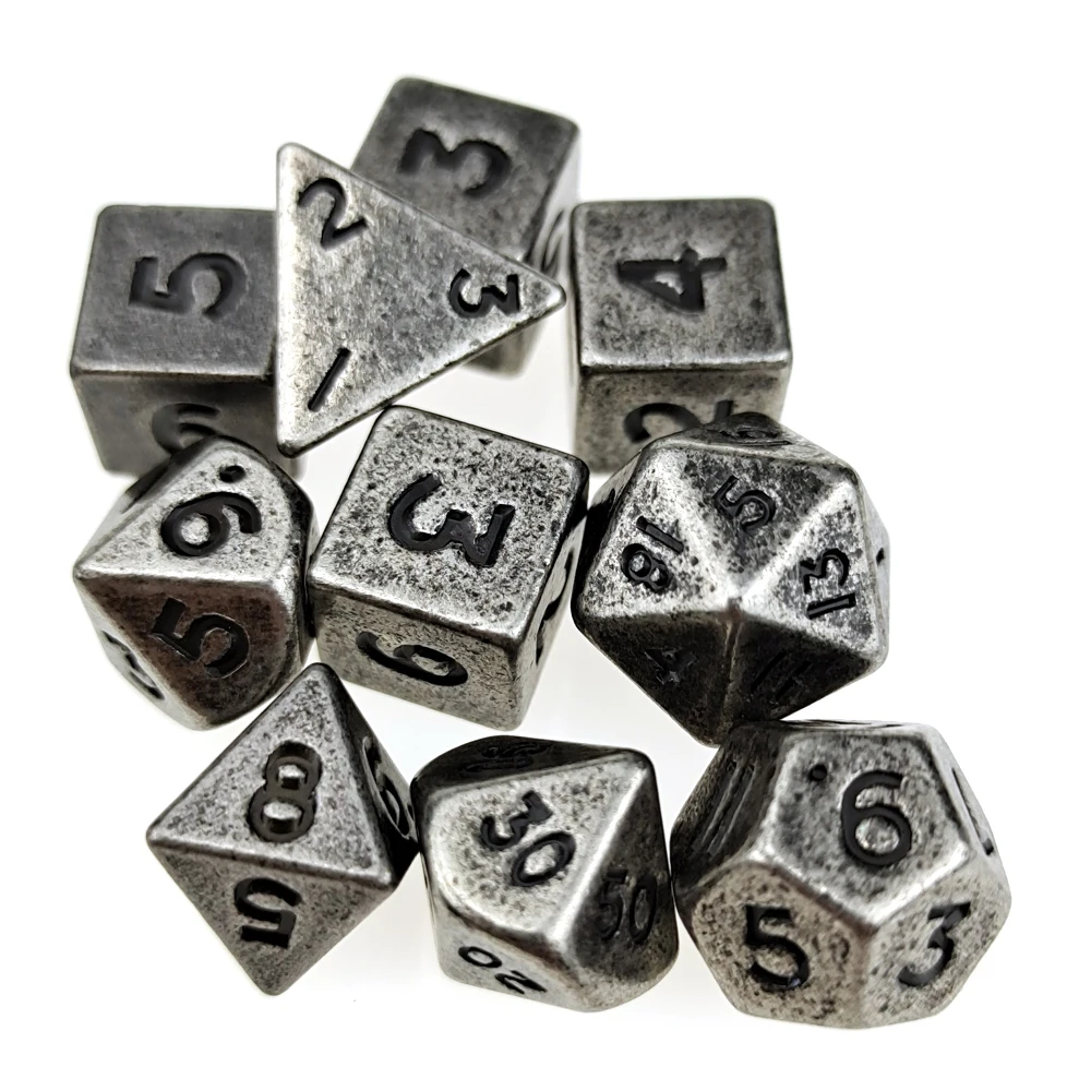 10 мм Мини DND металлические кости 7 Die набор + 3 Extra D6s всего шт Античная Серебряная