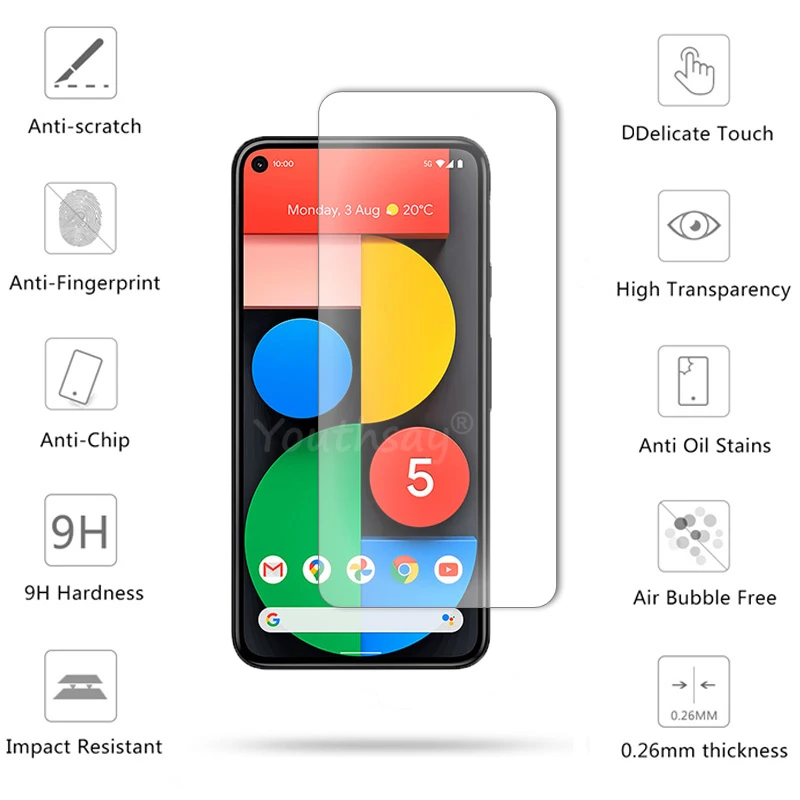 Vidrio templado para Google Pixel 5A, pel&iacute;cula de pantalla de vidrio para lente de c&aacute;mara, pel&iacute;cula protectora para Google Pixel 5A-1