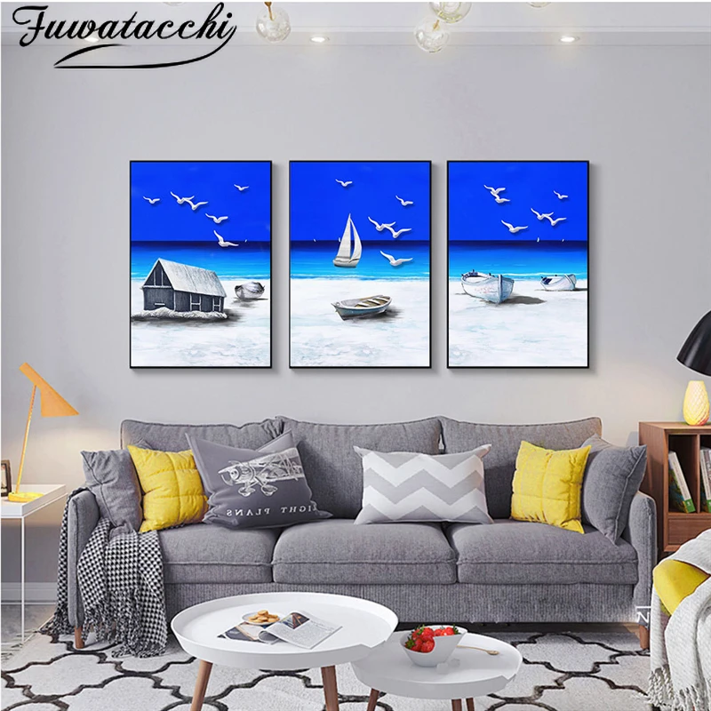

Fuwatacchi Oil Painting Beautiful White Beach Wall Art Posters and Prints Canvas Pictures for Living Room Bedroom Home Decor