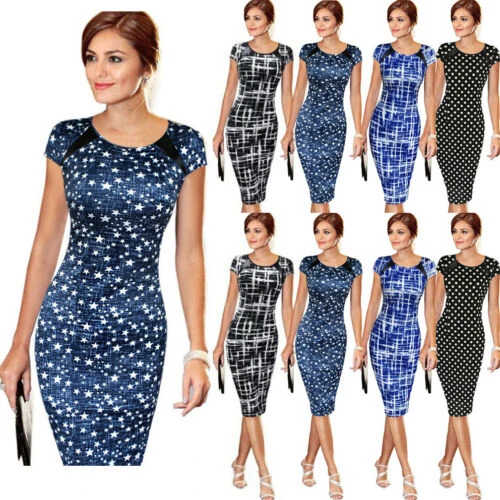 

Summer New Fashion Elegant Women's Business Office Sketch Printing Dress Bodycon Sheath Pencil Dresses Evening Party Dress