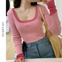 yedinas ribbed patchwork long sleeve t shirt embroidery casual slim cropped tops tees korean fashion spring t shirts for women