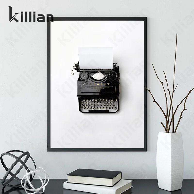 Винтажная черно-белая пишущая машинка фотография картина плакат холст печать