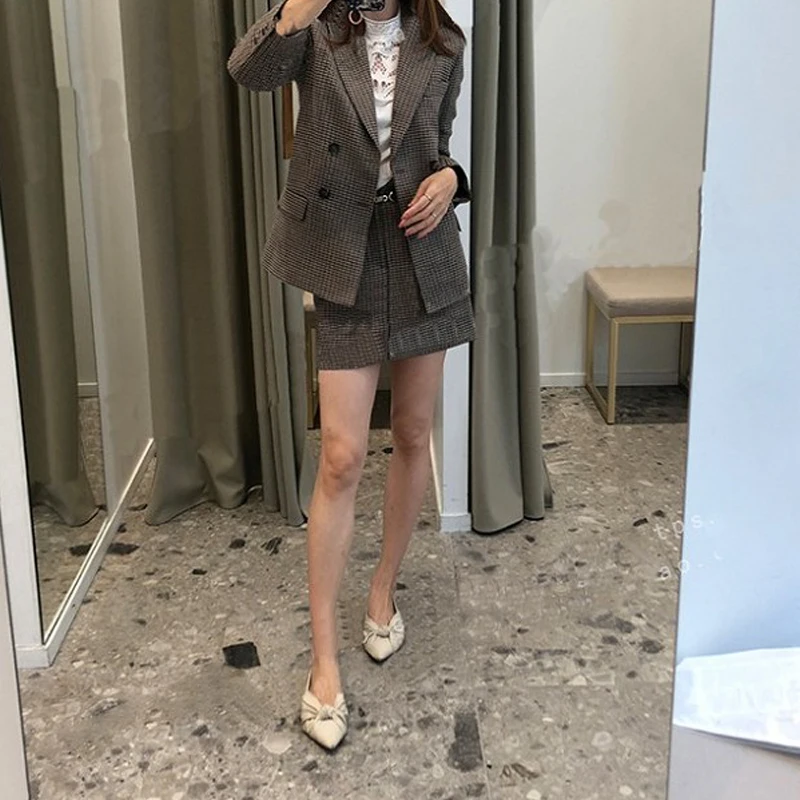 Женский блейзер в клетку двубортный элегантный пиджак из ткани гусиная лапка с