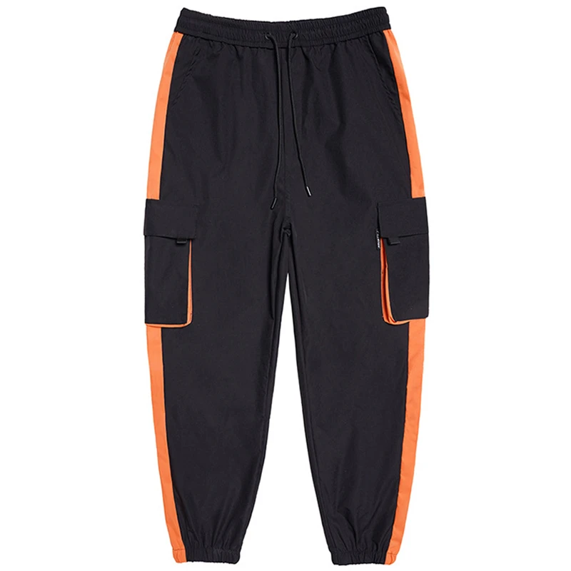 Оранжевые штаны с боковыми полосками пэчворк уличная одежда брюки-карго мужские