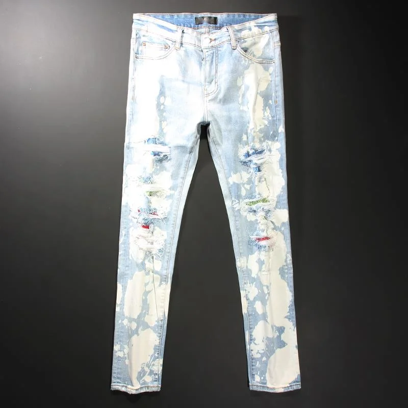 

Light Blue Ripped Tights High Street Fashion Brand Hole Patch Diamond Elastic Leg Jean Pantalon Homme Jean For Men Jeans Hombre