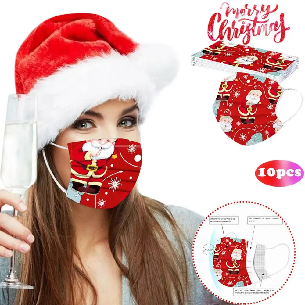 10 шт. Рождественская Маска для лица одноразовые Санты 3 слоя ушные петли взрослых