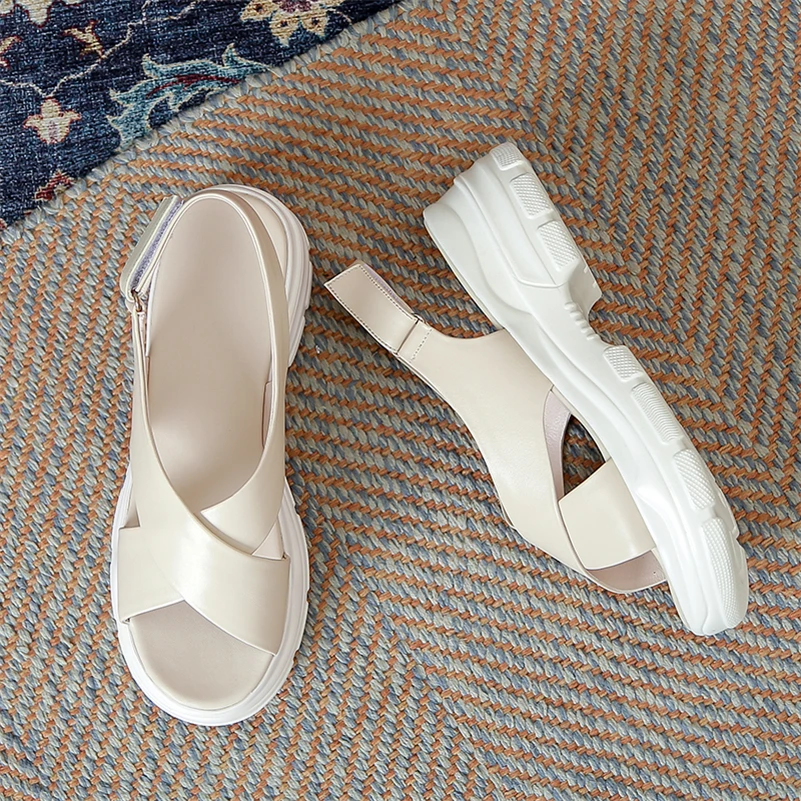 

Meotina Sandals Shoes Women Genuine Leather Sandals Platform Wedges High Heel Shoes Cross Tied Square Toe Lady Footwear Summer