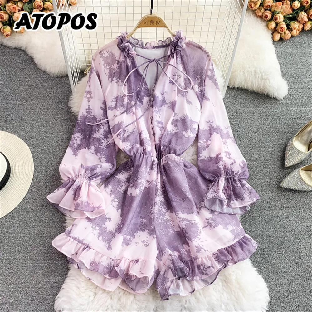 

Atopos Printed Loose Women Bodysuits Fashion Tie Dye Short Jumpsuits Long Sleeve Bodysuit One Piece Bodies Female Playsuit 2022