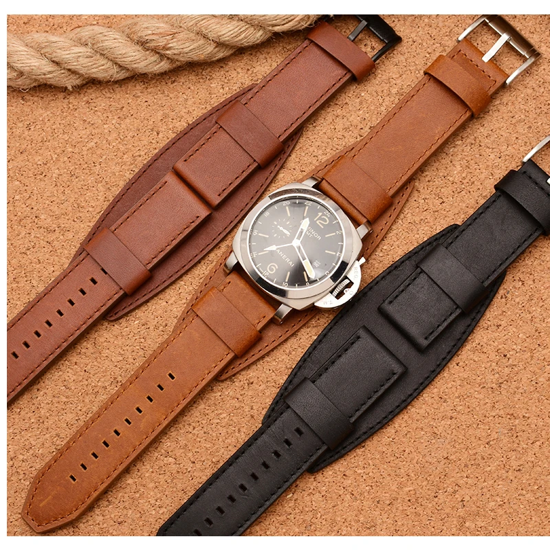 Genuine Leather Watchband for Fo-ssil Pa-ne-rai Hamilton Jee-p Mens Watch Strap  With Tray High Quality Large Size Bracelet 24mm