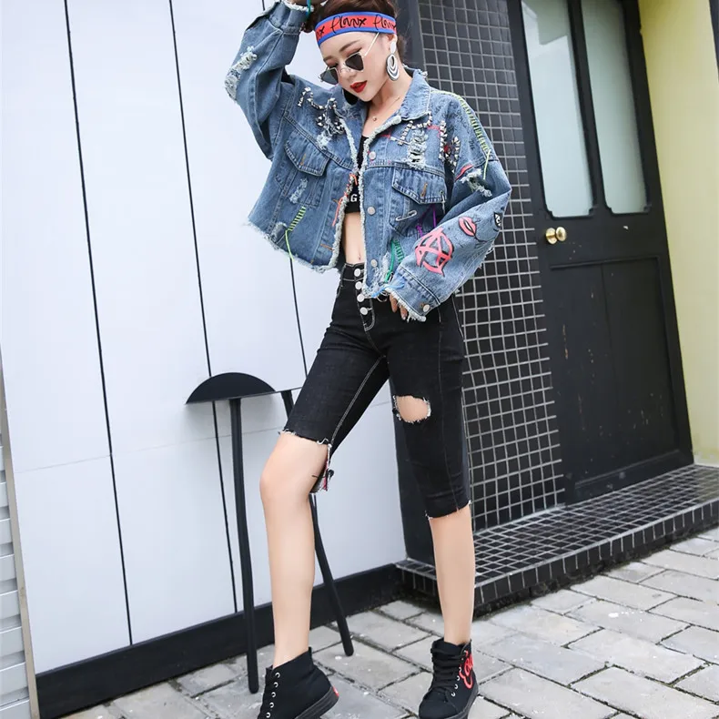 

rivet hole New fashion brand women's broken loose wear heavy work letter embroidery short denim jacket women
