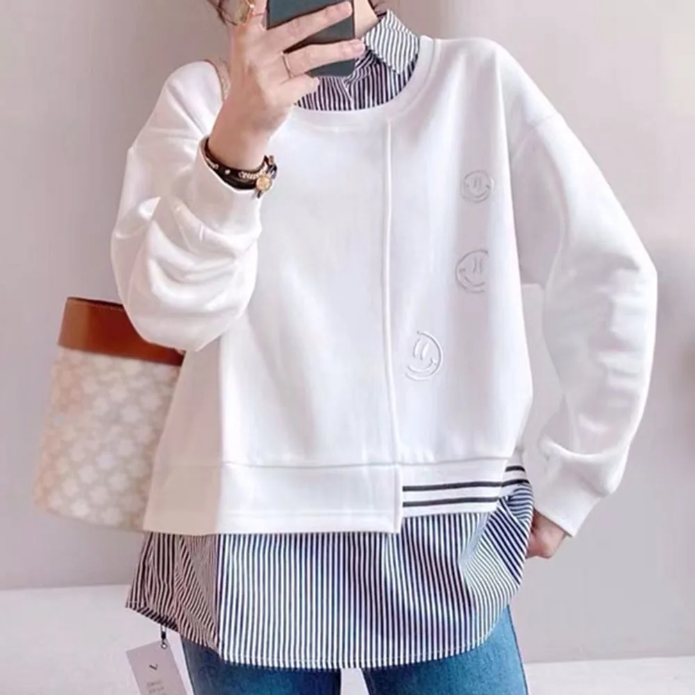 

Women New 2021 Hoodie Spring Autumn Fashion Splicing Fake Two Embroidery Loose Casual Korean Fashion Long Sleeve Women Pullover