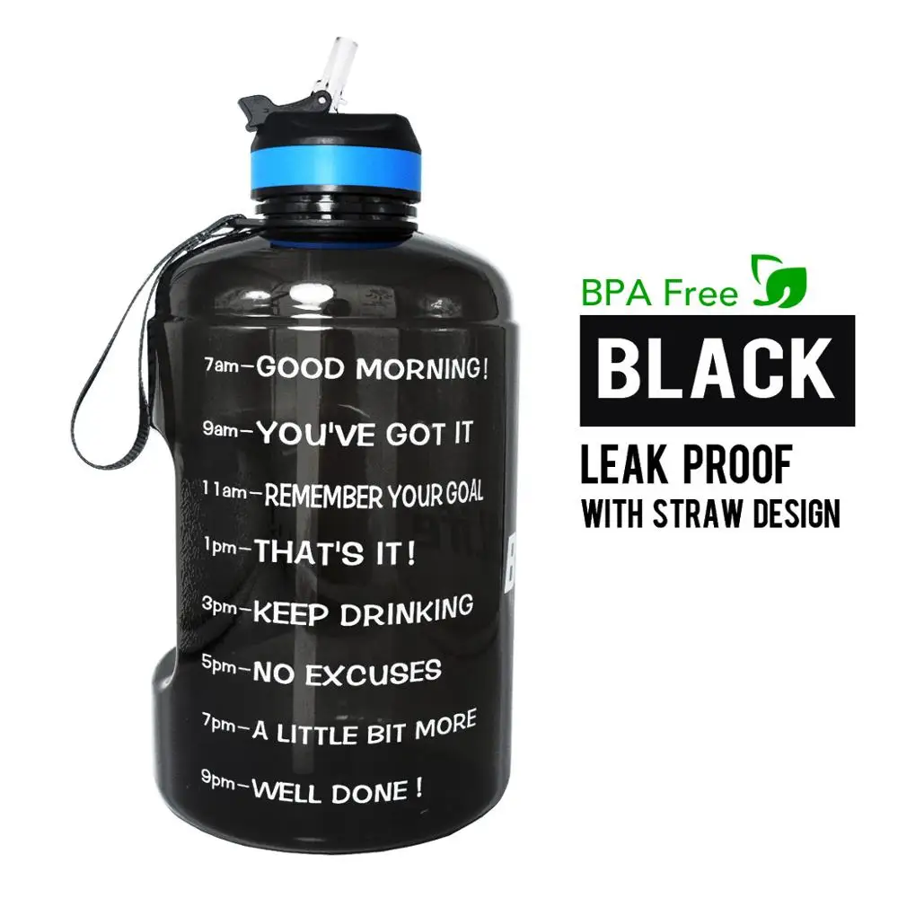 Black BuildLife 1 галлон бутылка для воды с соломенным маркером времени 3.78л 128 унций BPA бесплатно пластиковая большая емкость фитнес спорт воды кувшин - Цвет: Black