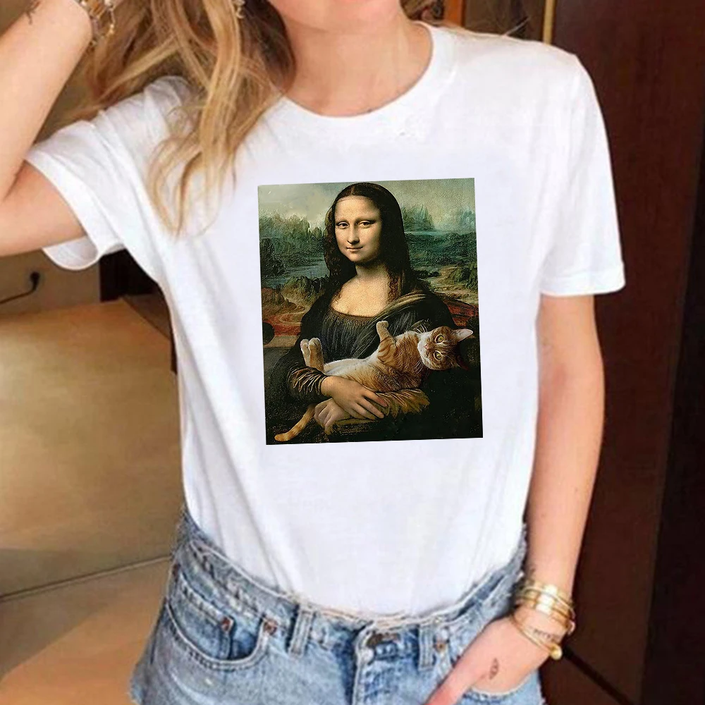 

T Shirts Mona Lisa Hugging Cat Lovely Cute Printed T-Shirt For Women'S Crewneck Gothic Women Tshirt Casual Oversize Tee Shirts