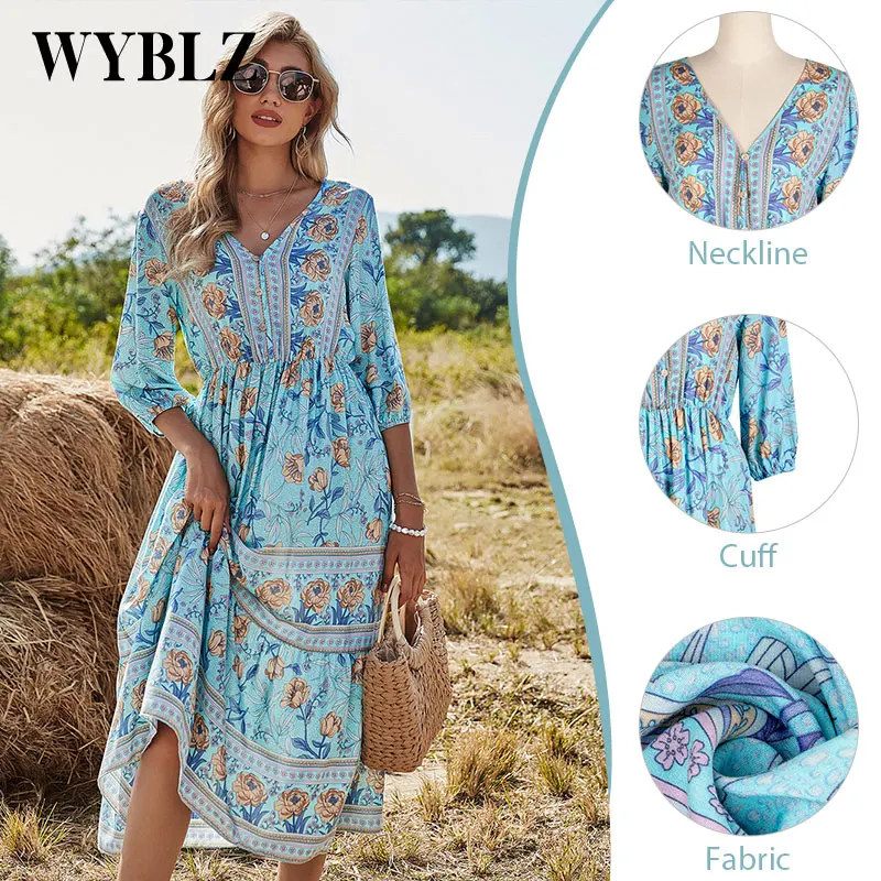 

WYBLZ 2021 Summer Women's Dresses V-neck High Waist Bohemian Dress Mid-length Vintage Print A-line Skirt Casual Beach Dress