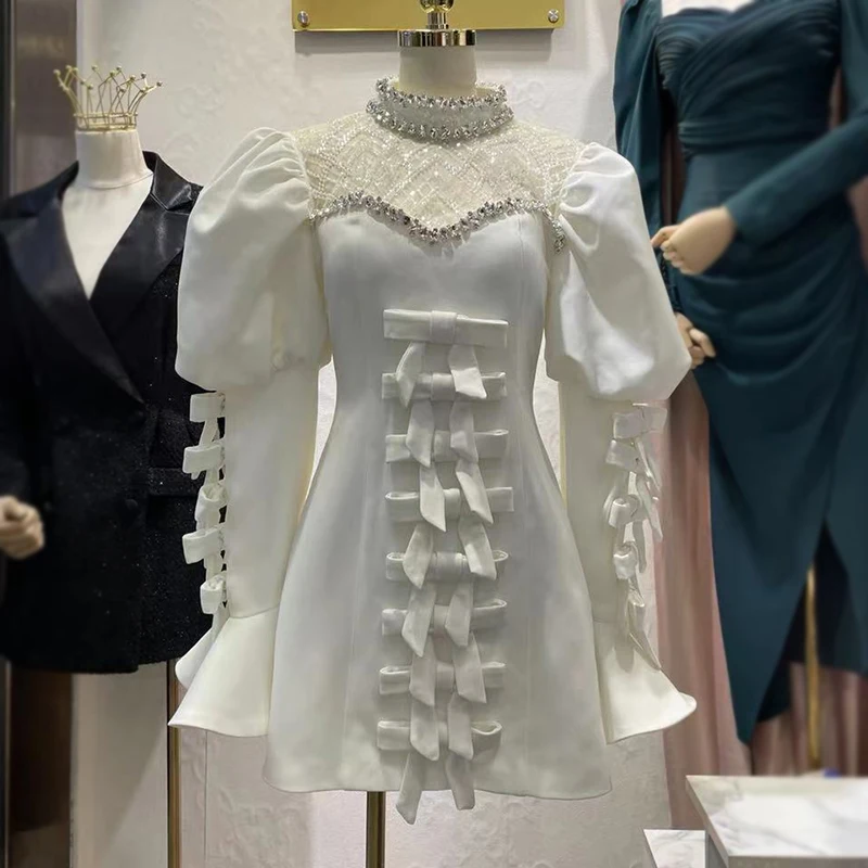 

2021 Autumn Fashion Designer Little dress dress Women White Luxury Diamonds Bow Elegant Ruff Flare Sleeve Mini Dresses