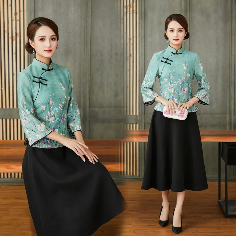 Traditional Chinese Women Clothing Suede Coat Qi Pao Style Chinese Suit Green Blouse And Black Skirt 4XL
