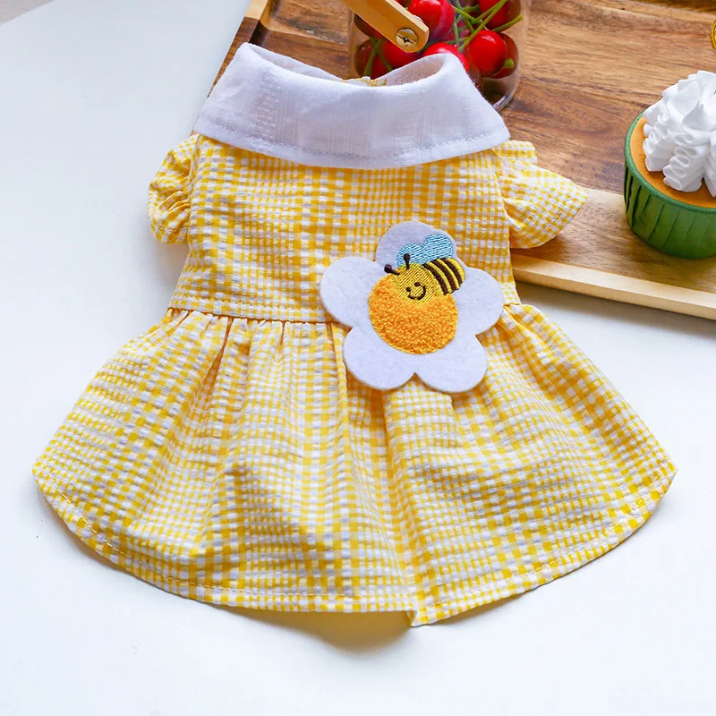 Summer Dog Dress Yellow Plaid Sunflower Sundress Princess Party Outfit Cute Puppy Cat for Small Medium Dogs Clothes | Дом и сад