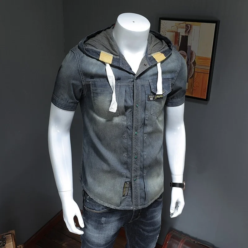 New Fashion Summer Short Sleeve Hooded Denim Shirts Casual Preppy Style Single Breasted Vintage Plus Size Male Tops Streetwear