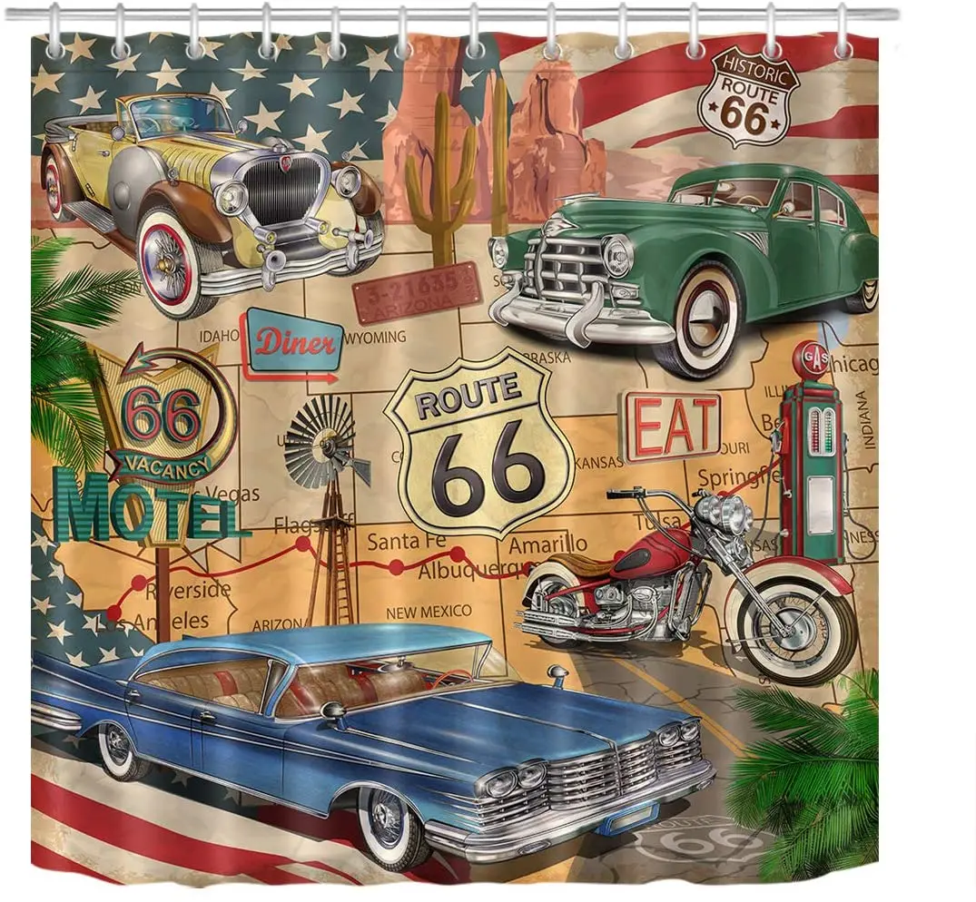 

Old Classic Car Theme American Vintage Route 66 Diner Shabby Chic Shower Curtain