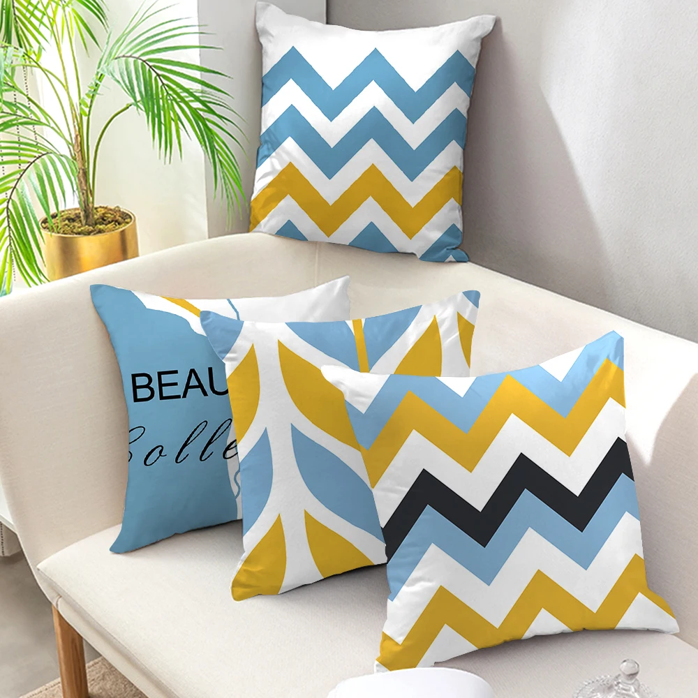 

Fuwatacchi Smile Words Printed Pillow Cover Blue Diamond Wave Cushion Coves Geometric Yellow Pillowcase for Home Sofa Decoration