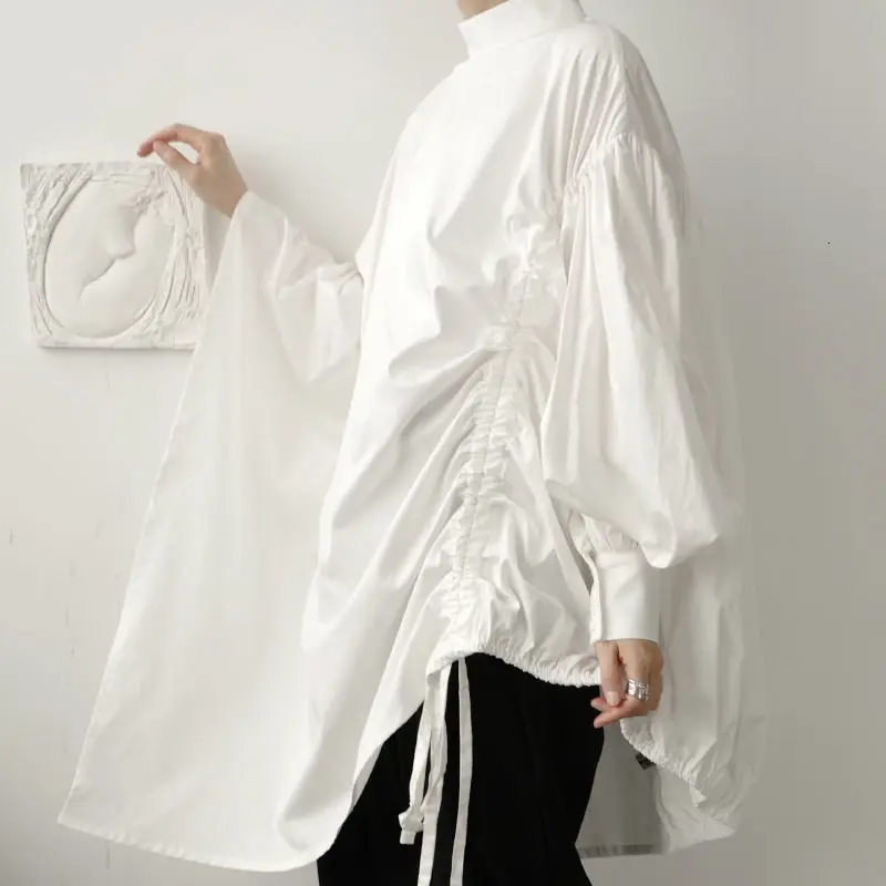 

IEFB /men's wear asymmetric batwing long sleeve white long shirt male 2021 Spring new irregular loose shirts drawstring 9Y3376