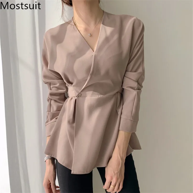 

2020 Autumn Korean Vintage V-neck Blouses Tunics Women Long Sleeve Belted Shirts Tops Fashion Office Workwear Elegant Blusas