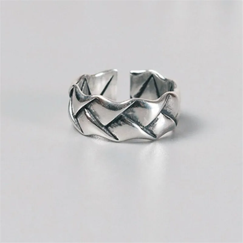 

New Creatove Retro Thai Silver Woven Line Pattern 925 Sterling Silver Jewelry Personality Lotus Leaf Shaped Opening Rings SR496