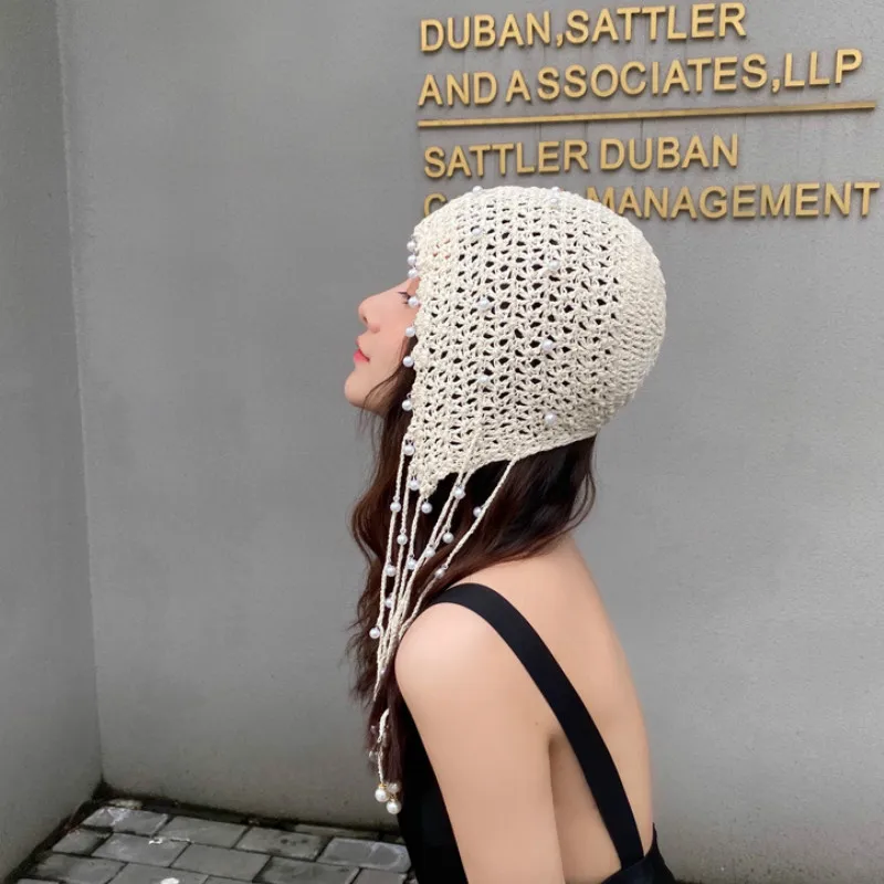 

Women Handmade Knitted Beanie Hat Lady Crochet Pearl Skullies Beanies Vintage Female Fashion Tassels Beanies