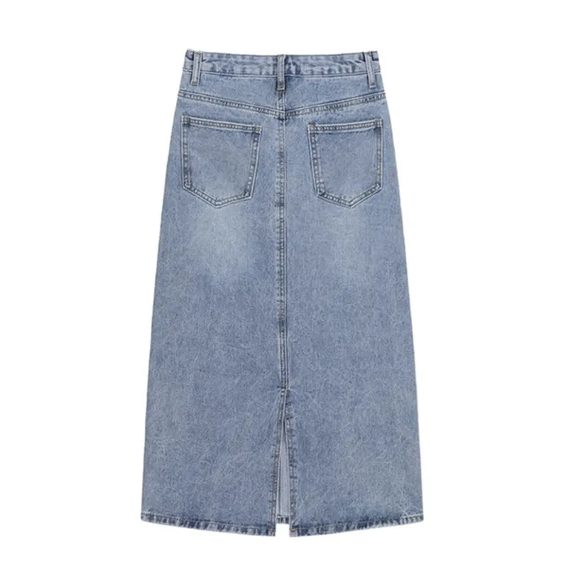 

[OLOEY] High Waist Blue Temperament Split Joint Denim Long Half-body Skirt Women Fashion Tide New Spring Autumn 2021 Jeans skirt