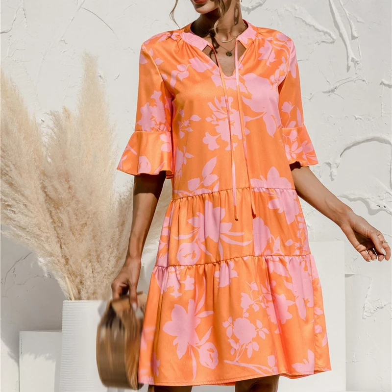 

Summer Lace Up V Neck Flare Sleeve Loose Dress Women Floral Print Casual Elegant Sweet Party