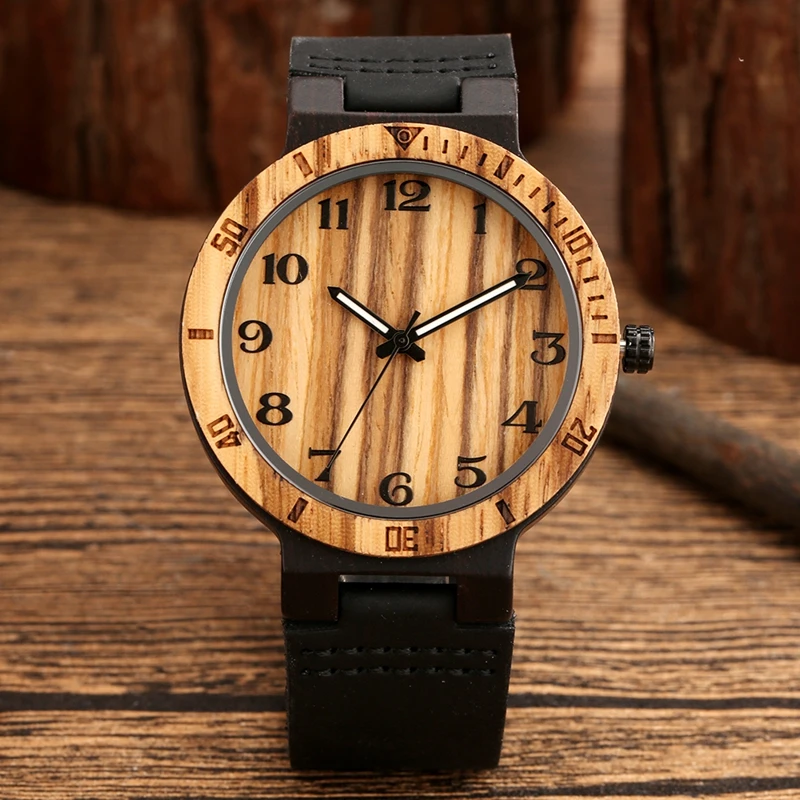 

Мужские деревянные часы, простые, с круглым циферблатом, аналоговые часы, мужские, с черным кожаным ремешком, кварцевые наручные часы, мужск...
