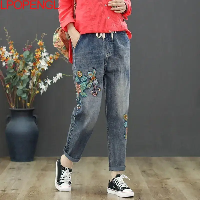 

Autumn Retro Jeans Women 2021 Casual Denim High Waist Pants Printed Trousers Bagy Loose Ankle-length Harem Pants Female