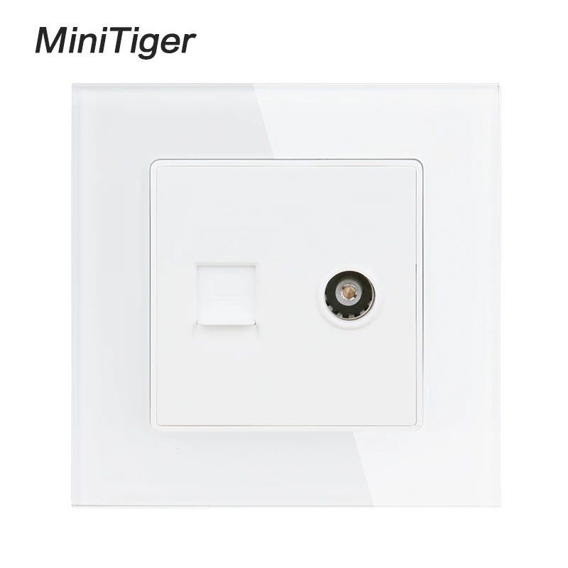 Minitiger White Luxury Crystal Glass Panel RJ45 Internet Data Computer Jack CAT5E Connector With Female TV Outlet Wall Socket |