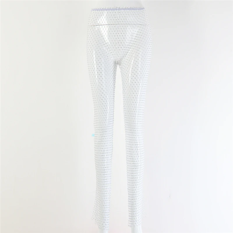 Модные Светоотражающие Брюки со стразами женские повседневные сетчатые брюки