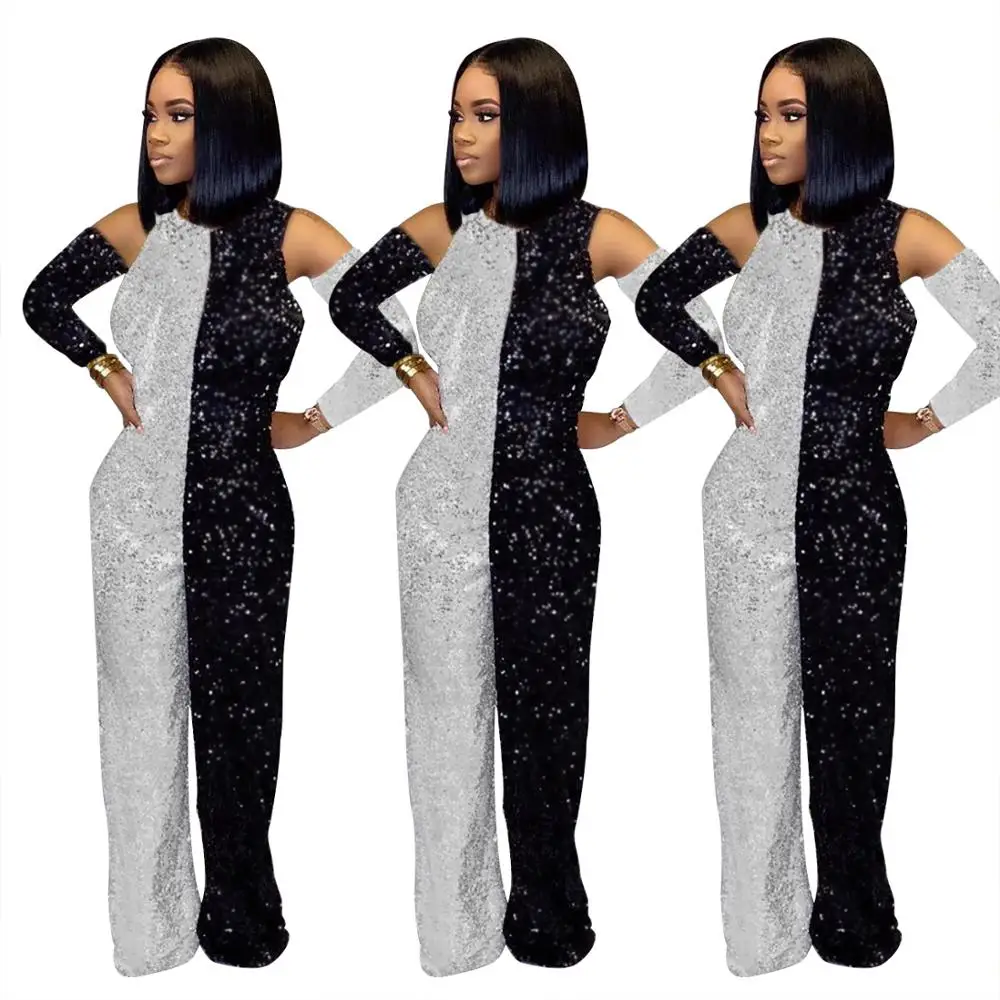 

Sexy Halter Jumpsuit Color Patchwork Sequins Detachable Sleeve Rompers Womens Jumpsuit Autumn And Winter Party Clubwear Outfits