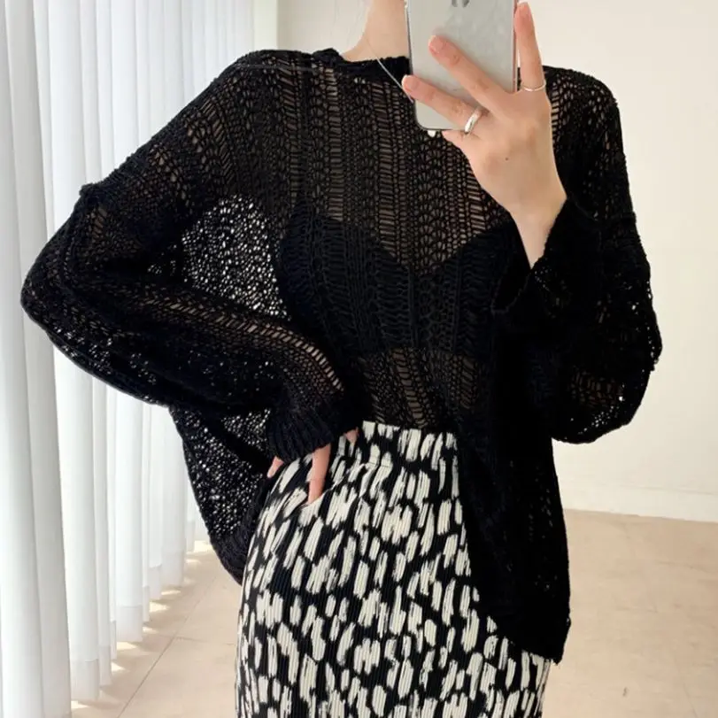 

HziriP Autumn Holiday Oversize Tops Beach Stylish Full Sleeve Women 2021 Chic Sunscreen Femme New Knitted Hollow Out Sweaters