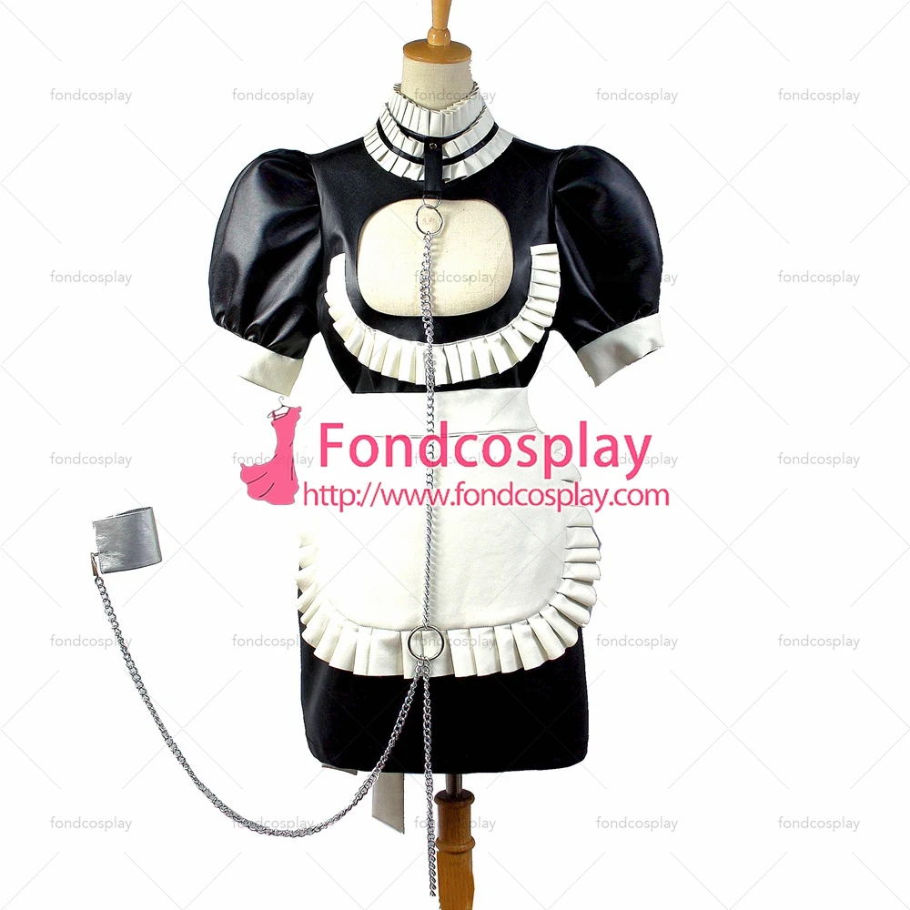

fondcosplay adult sexy cross dressing sissy maid Faux Leather Dress Lockable Handcuffs Uniform white apron Custom-made[G829]